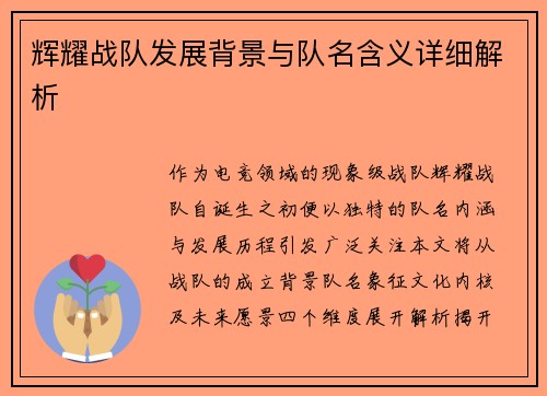 辉耀战队发展背景与队名含义详细解析